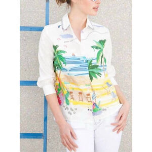 Vilagallo 38/US SM Sara Hawaii Printed White Cotton 3/4 Sleeve Button Up Shirt